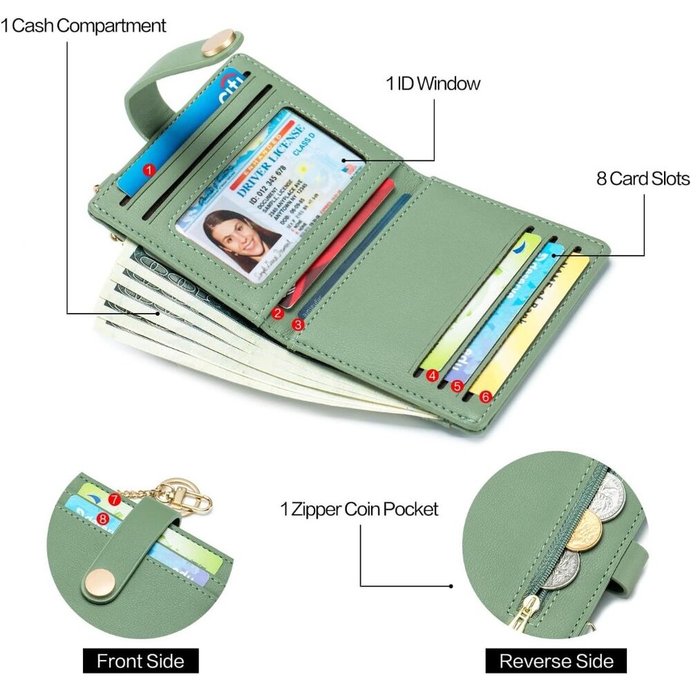 New Women's Green Slim RFID Bifold Wallet Zipper Pocket, ID Window & Keychain - Picture 5 of 8